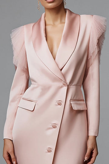 Robe de travail midi en satin rose fourreau châle revers